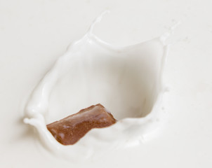 Chocolate falls in milk