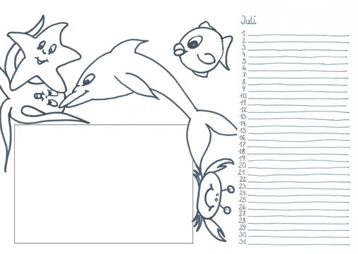 Kalender Juli, mit Zeilen und Platz für ein Bild, zum Anmalen für Kinder