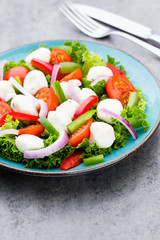 Vegetable salad with cheese mozzarella, tomatoes, basilikum and spice.