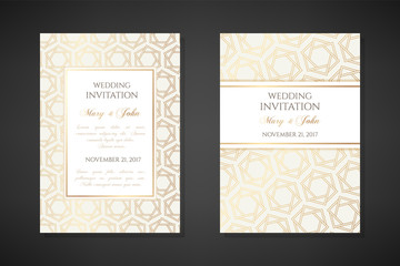 Golden hexagon stars. Wedding invitation templates.