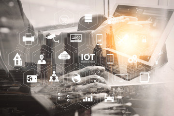 Businessman hand working concept. Documents finance graphic chart. Digital tablet keyboard dock screen computer design smart phone using. Eyeglass on marble desk. Sun flare effect