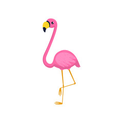 Naklejka premium Flat vector icon of flamingo. Tropical bird with pink plumage and long legs and neck. Element for postcard, promo banner or flyer