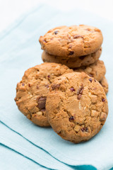 Chocolate oatmeal cookies on the  wooden background.