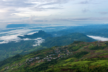 mountains under mist in the morning at Phu Tub Berk, Petchabun Thailand