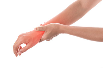 Wrist pain.Female holding hand to spot of wrist pain