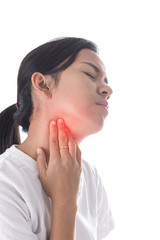 Sore throat of a women. Touching the neck. Isolated on white background.