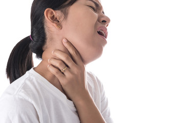Sore throat of a women. Touching the neck. Isolated on white background.