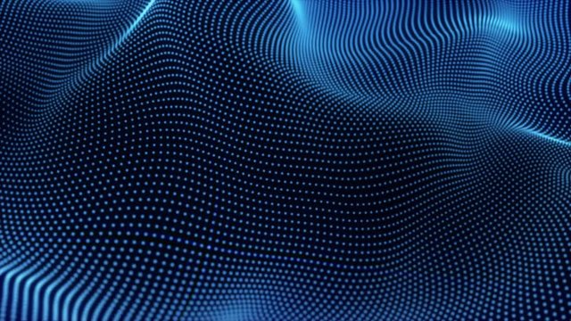Abstract loopable blue cg motion waving dots texture with glowing defocused particles. Cyber or technology digital landscape background. 3840x2160 4k uhd
