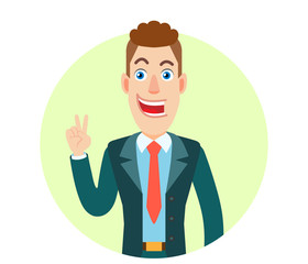 Victory! Businessman showing victory sign. Two fingers up.