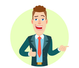 Businessman showing thumb up and pointing something beside of him