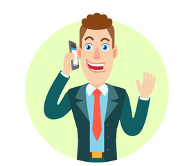 Businessman talking on mobile phone and raised a hand in greeting