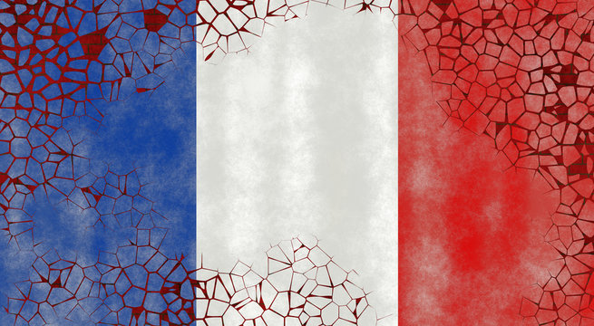 Illustration of a French Flag, imitating of painting on the old wall with cracks