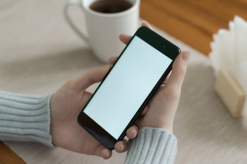 Close-up of smartphone with blank screen in female hands.