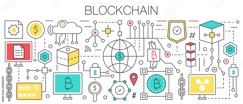 Poster blockchain concept template flat line vector design. banking finance payment technology using bitcoi