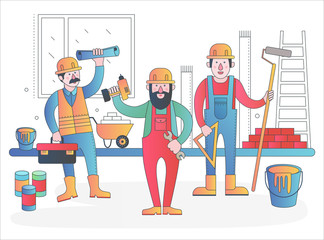 Home workers vector characters team. Friendly workers in workwear uniform standing together. Modern flat gradient line vector illustration.