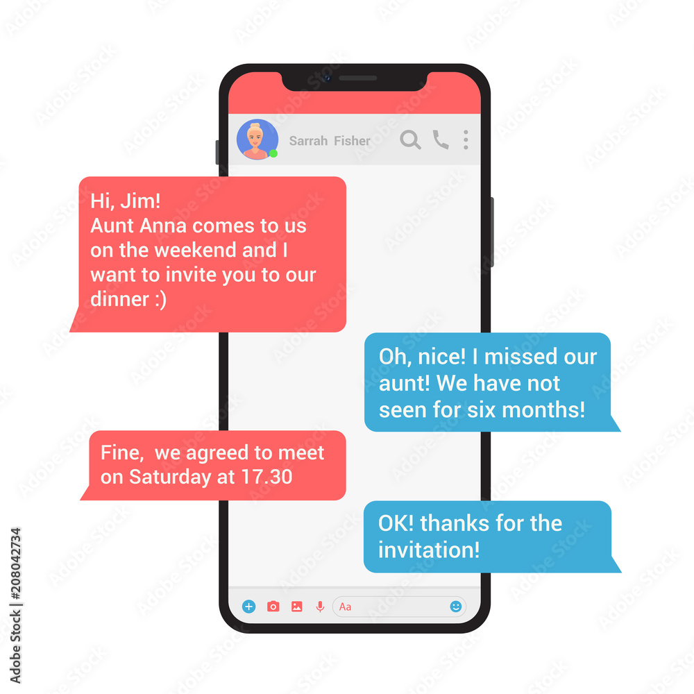 Aufkleber Chating and messaging vector illustration concept. Social network messenger with modern style message bubbles in smartphone isolated.