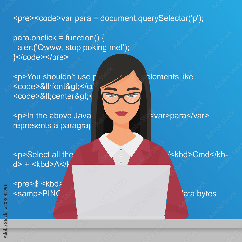 Aufkleber Young pretty woman programmer sitting at the desktop and working on the laptop. Coder codding flat vector illustration concept.