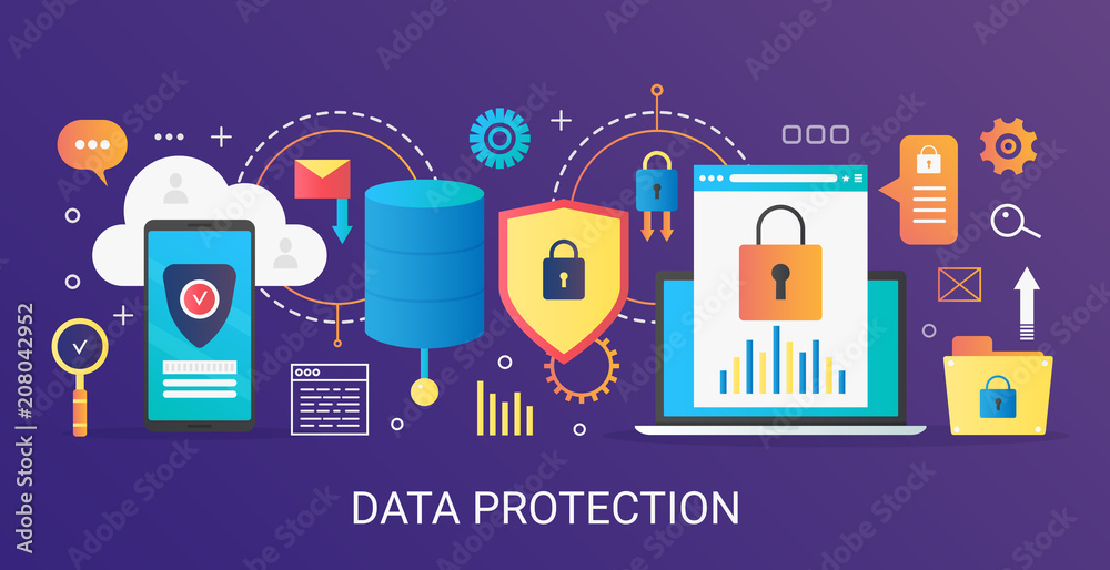 Aufkleber Modern vector flat gradient Data protection concept template banner with icons and text.