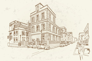 Vector sketch of street scene in Rome, Italy.