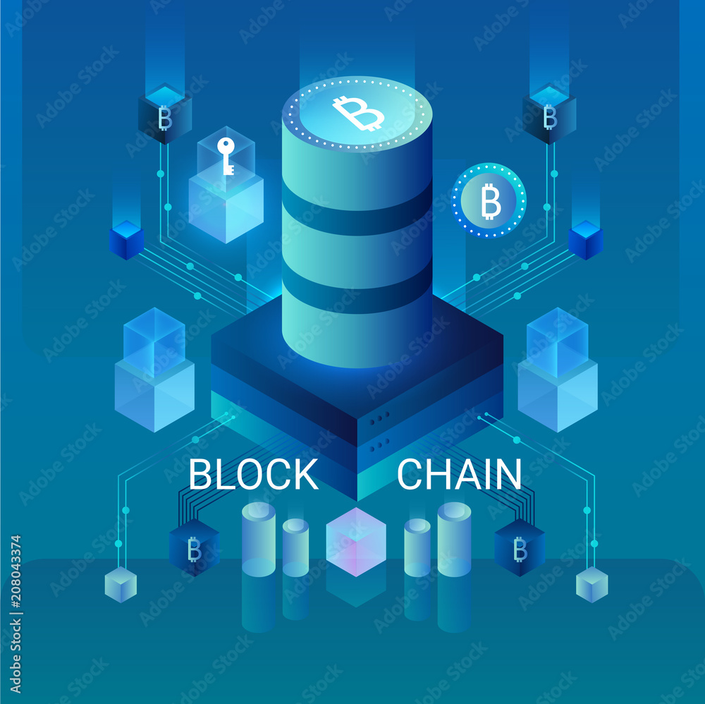Poster Cryptocurrency and blockchain concept, data powered center, cloud data storage isometric vector illustration. Web design, presentation banner.
