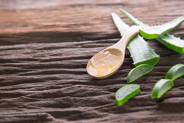 aloe vera gel on wooden spoon with aloe vera on wooden table