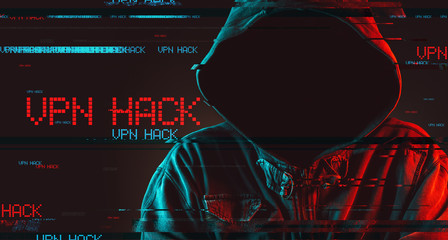 VPN hack concept with faceless hooded male person