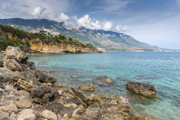 Fototapeta na wymiar Amazing panorama of Pesada beach, Kefalonia, Ionian islands, Greece