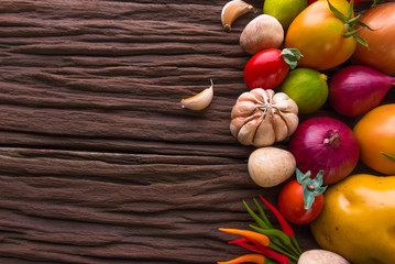 Vegetables on wood. Bio Healthy food, herbs and spices. Organic vegetables on wood