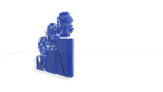 Sign of euro dollar bitcoin above columns. Financial background made of 3d poligons. Polygons rotate and are collected in a picture. Blue 4k