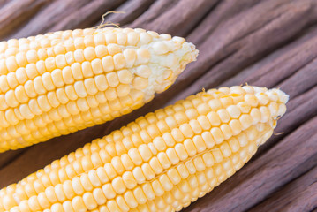 Fresh corn on cobs on rustic wooden table, closeup