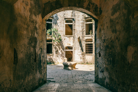 The courtyard is in the military fortress of Mamula. Montenegro Boka-Kotor Bay