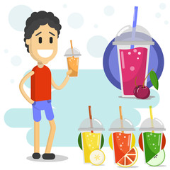 cheerful man drinking milkshake flat style vector illustration. summer smoothies set
