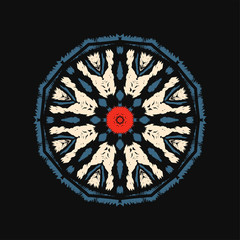 Beautiful mandala ornament in embroidery stitches style, decoration on black background for your design