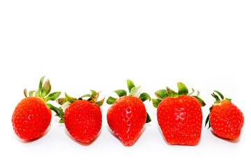 Five fresh and natural red strawberries of different shapes with green leaves, side by side, isolated on a seamless white background.