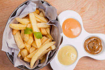 French fries and sauce.