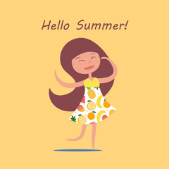 Dancing Girl dressed in a dress. Vector illustration Hello Summer