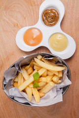 French fries and sauce.