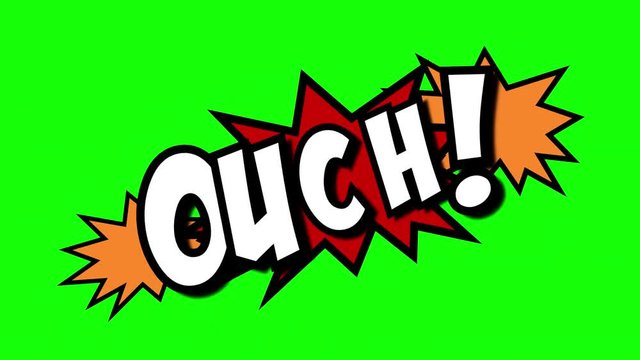 A comic strip speech cartoon animation with an explosion shape. Words: oops, ouch, thud. White text, red and yellow spikes, green background.
