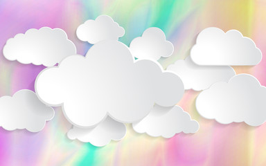 white springtime paper clouds set on wonderful holographic iridescent effect of foil vector background
