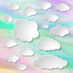 white paper clouds set on wonderful holographic iridescent effect of foil vector background