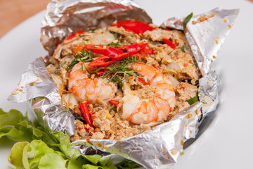 Steamed curry sea fish, shrimps - Thai food