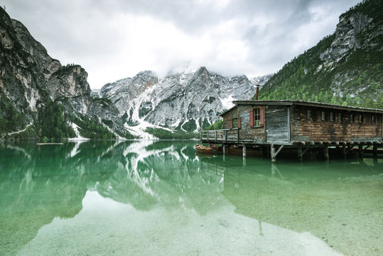 Pragser Wildsee or Braies Lake in Dolomites , Sudtirol, Italy. © marcin jucha