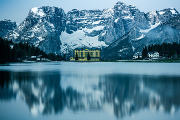 Beautiful desaturated moody image of Misurina Lake,Dolomites,Italy