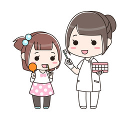 女の子に歯磨き指導をする歯科衛生士の女性（全身）