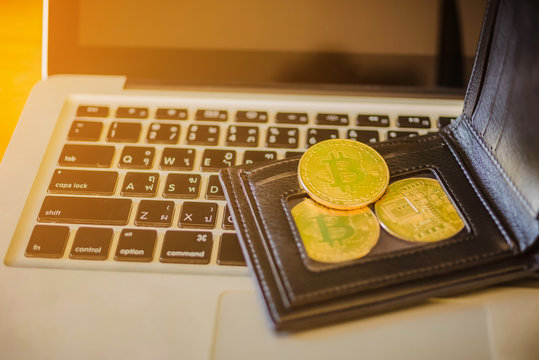 Metal bitcoins in black leather wallet.