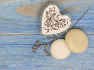 liquid soap for body care on a blue background. 