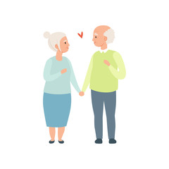 Senior man and woman walking together holding hands, elderly romantic couple in love vector Illustration on a white background