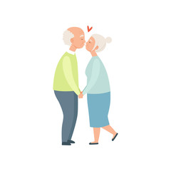 Senior man and woman kissing and holding hands, elderly romantic couple in love vector Illustration on a white background