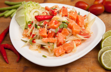 spicy papaya salad with fresh salmon - som tam thai food