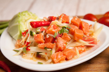 spicy papaya salad with fresh salmon - som tam thai food